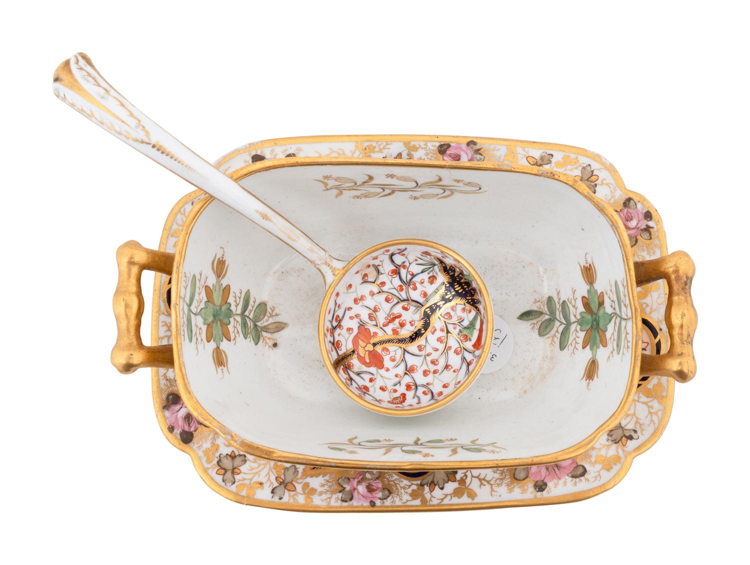 An English Porcelain Parcel-Gilt Sauce Tureen and Tray