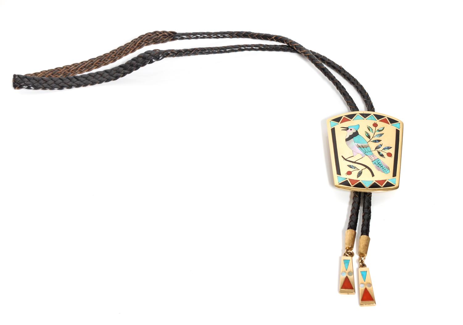Zuni 18 Karat Yellow Gold Inlaid Bolo, Dennis Edaakie (b. 1931) Height 2 5/8 x width 2 inches