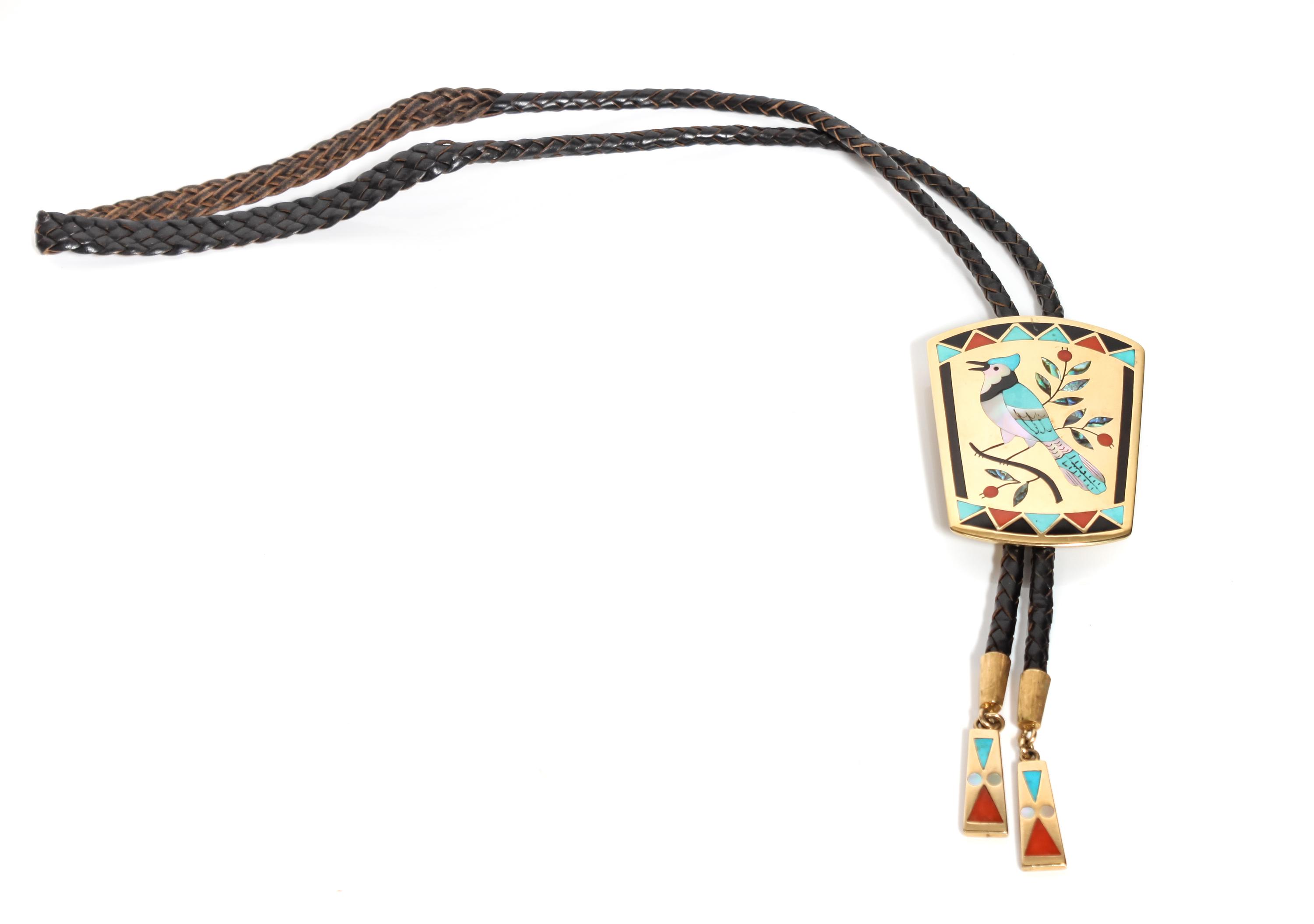 Zuni 18 Karat Yellow Gold Inlaid Bolo, Dennis Edaakie (b. 1931) Height 2 5/8 x width 2 inches