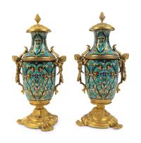 A Pair of French Gilt Bronze and Champleve Covered Urns — 19TH CENTURY