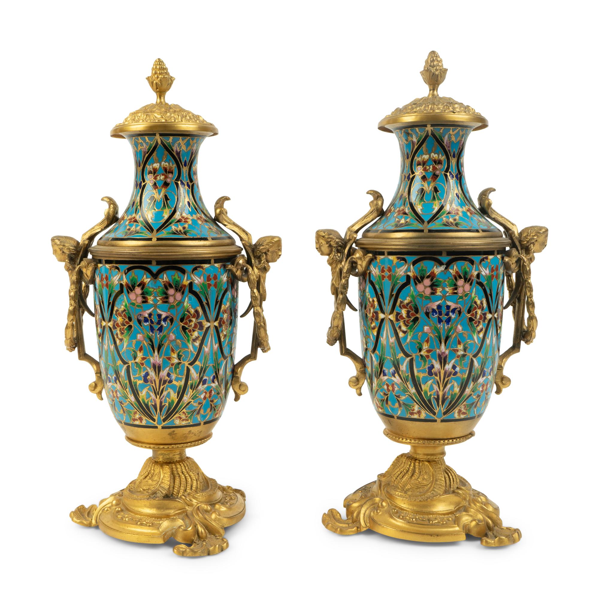 A Pair of French Gilt Bronze and Champleve Covered Urns — 19TH CENTURY