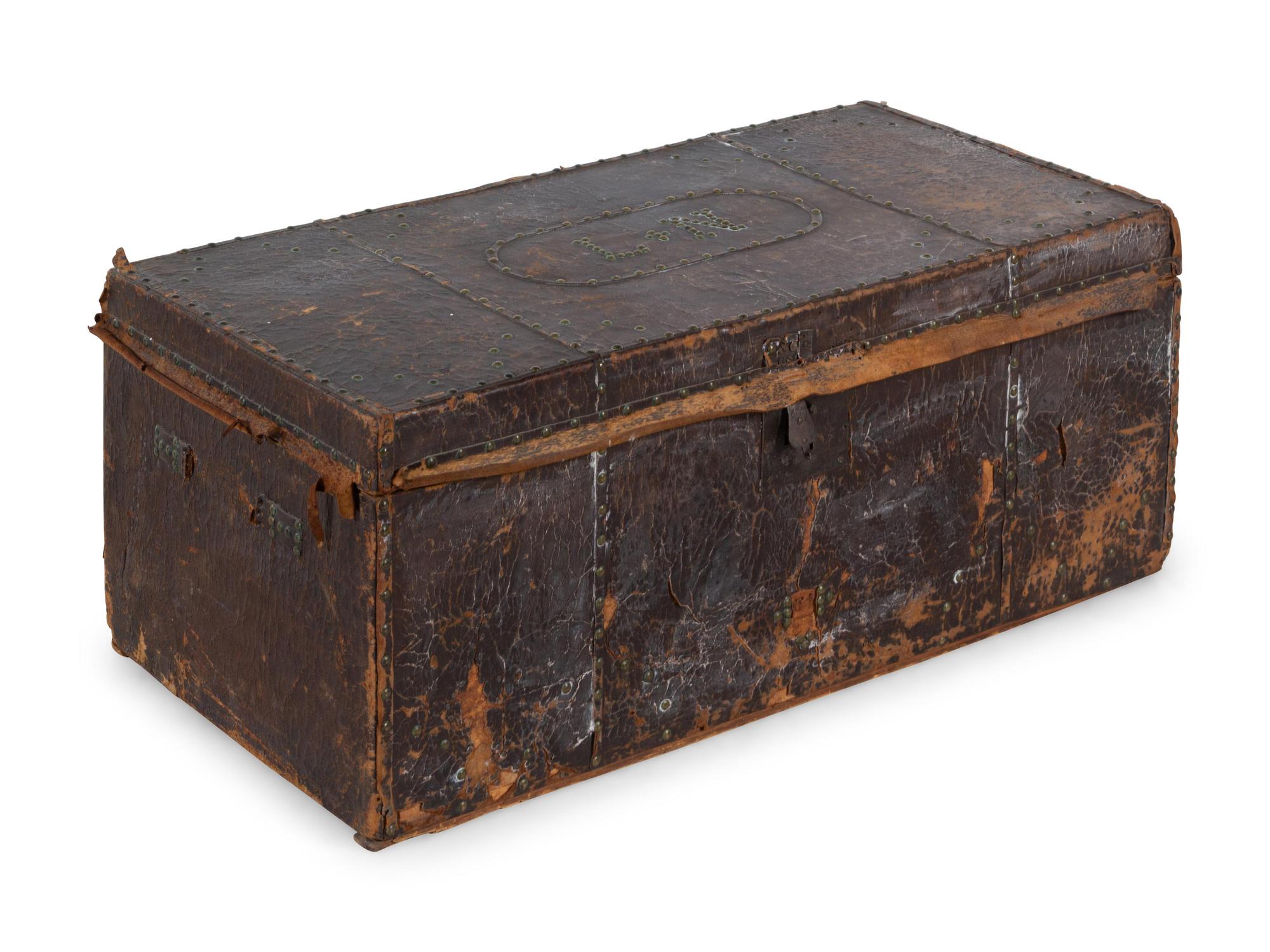 A Continental Nailhead Decorated Leather Trunk