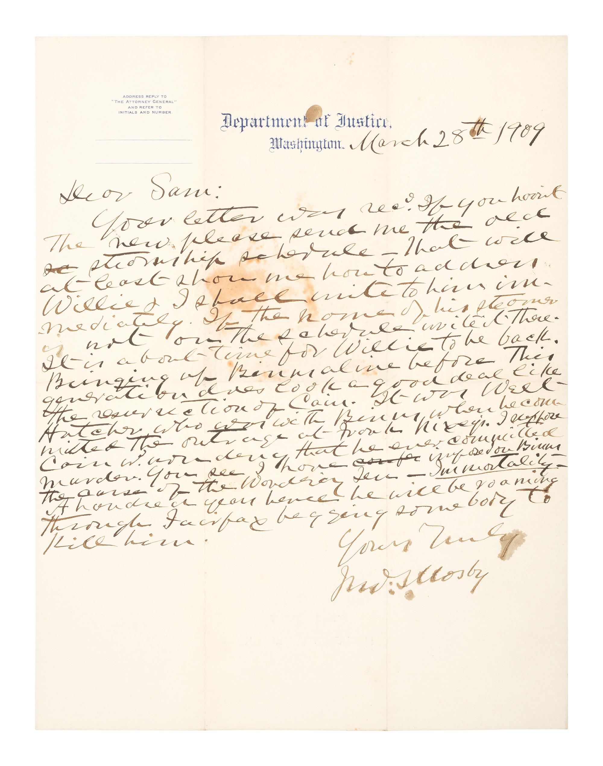 MOSBY, JOHN S. (1833-1916). ALS to Captain Samuel F. Chapman. Washington, DC, 28 March 1909. Mentioning the notorious former "Mosby Ranger" and traitor, Charles E. Binns.