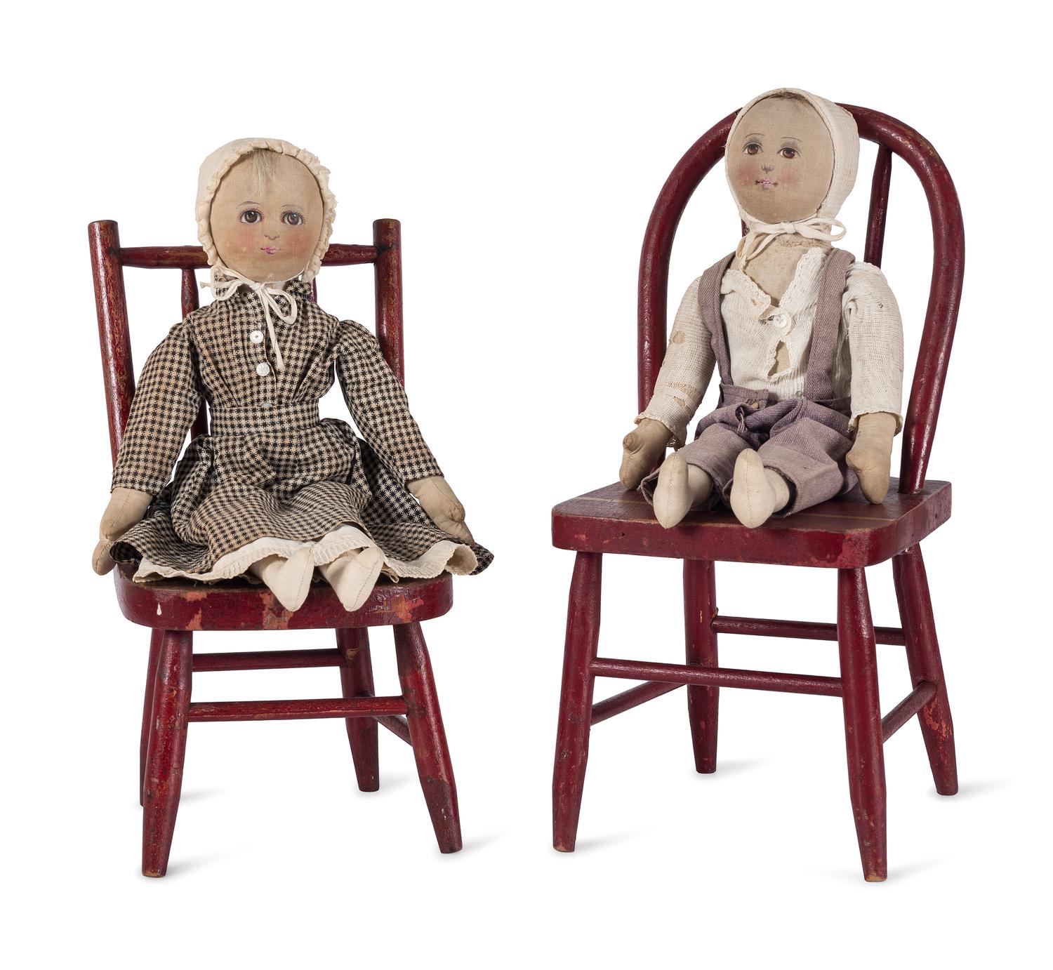 Two Red Painted Wood Child’s Chairs with Dolls