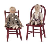 Two Red Painted Wood Child’s Chairs with Dolls