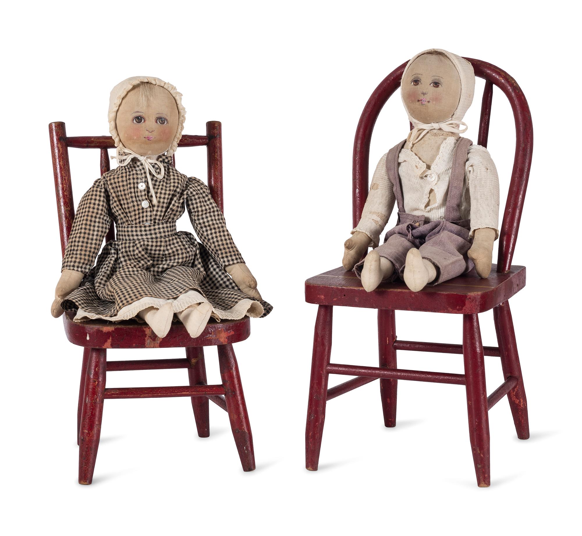 Two Red Painted Wood Child’s Chairs with Dolls