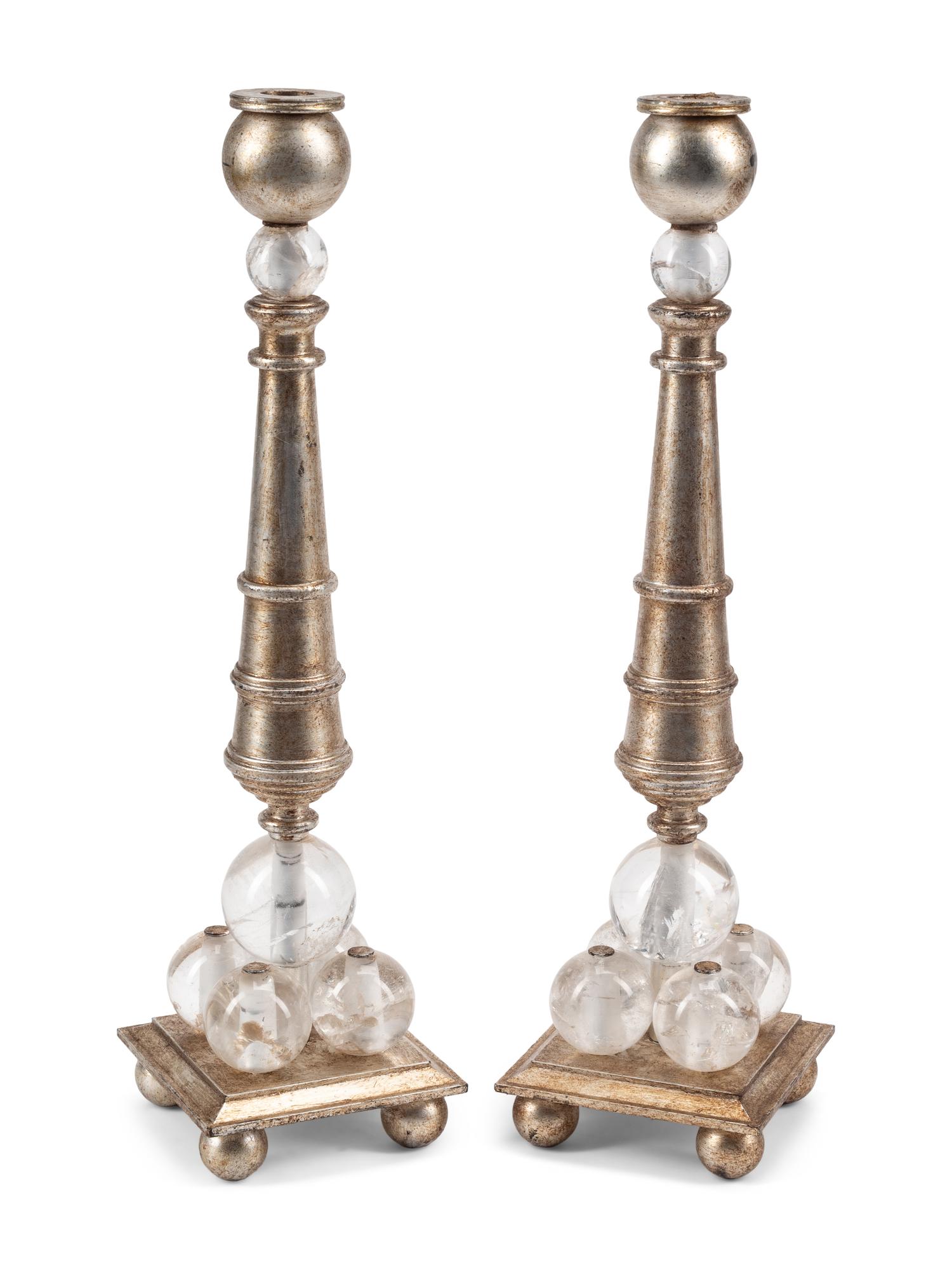 A Pair of Contemporary Rock Crystal and Silvered Bronze Candlesticks