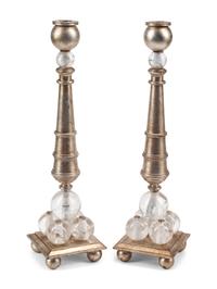 A Pair of Contemporary Rock Crystal and Silvered Bronze Candlesticks