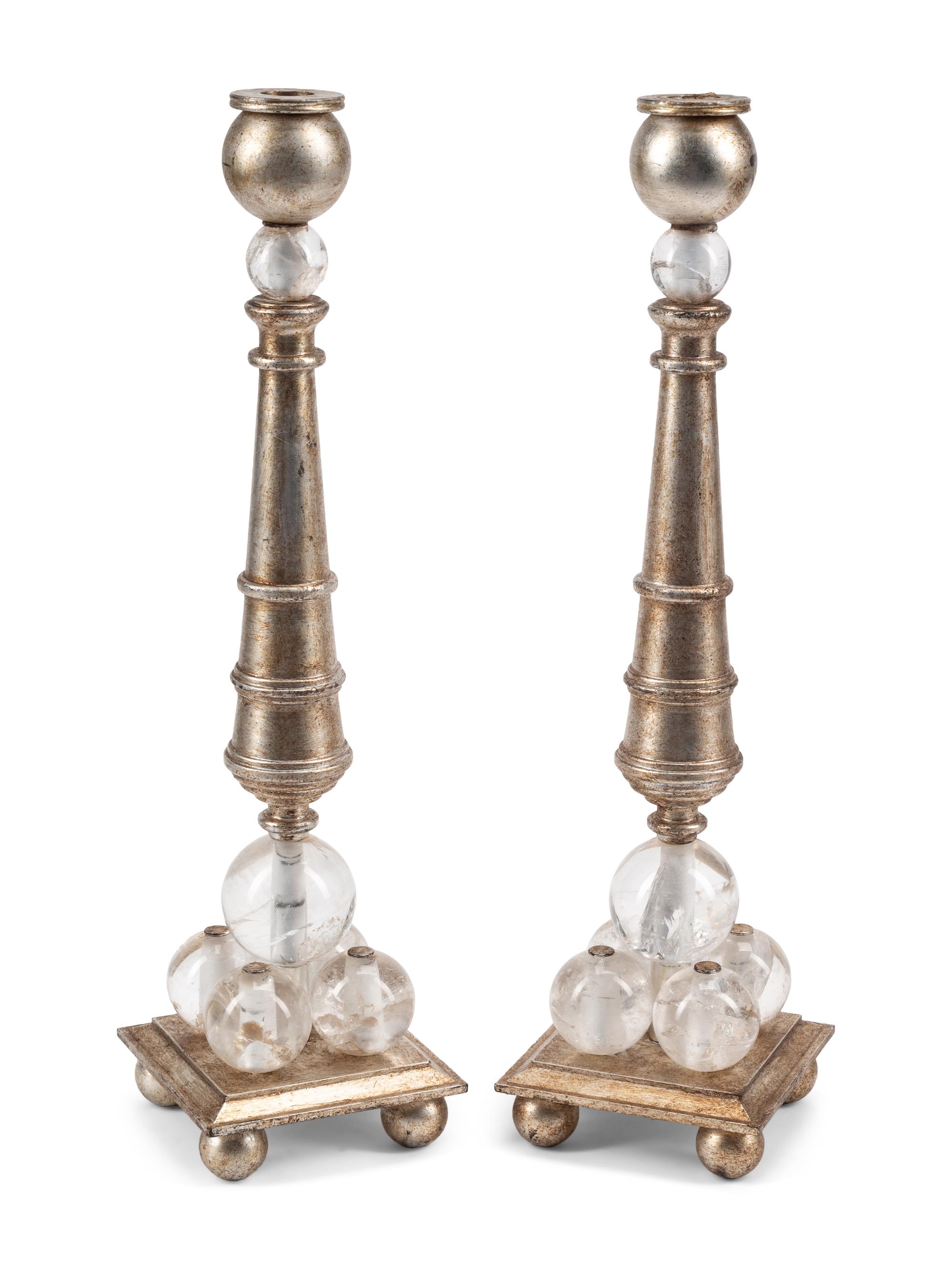 A Pair of Contemporary Rock Crystal and Silvered Bronze Candlesticks