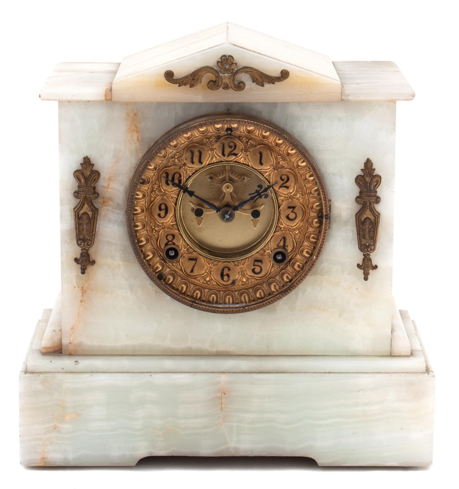 An Ansonia Gilt Metal and Onyx Mantel Clock Height 11 inches. — LATE 19TH/EARLY 20TH CENTURY