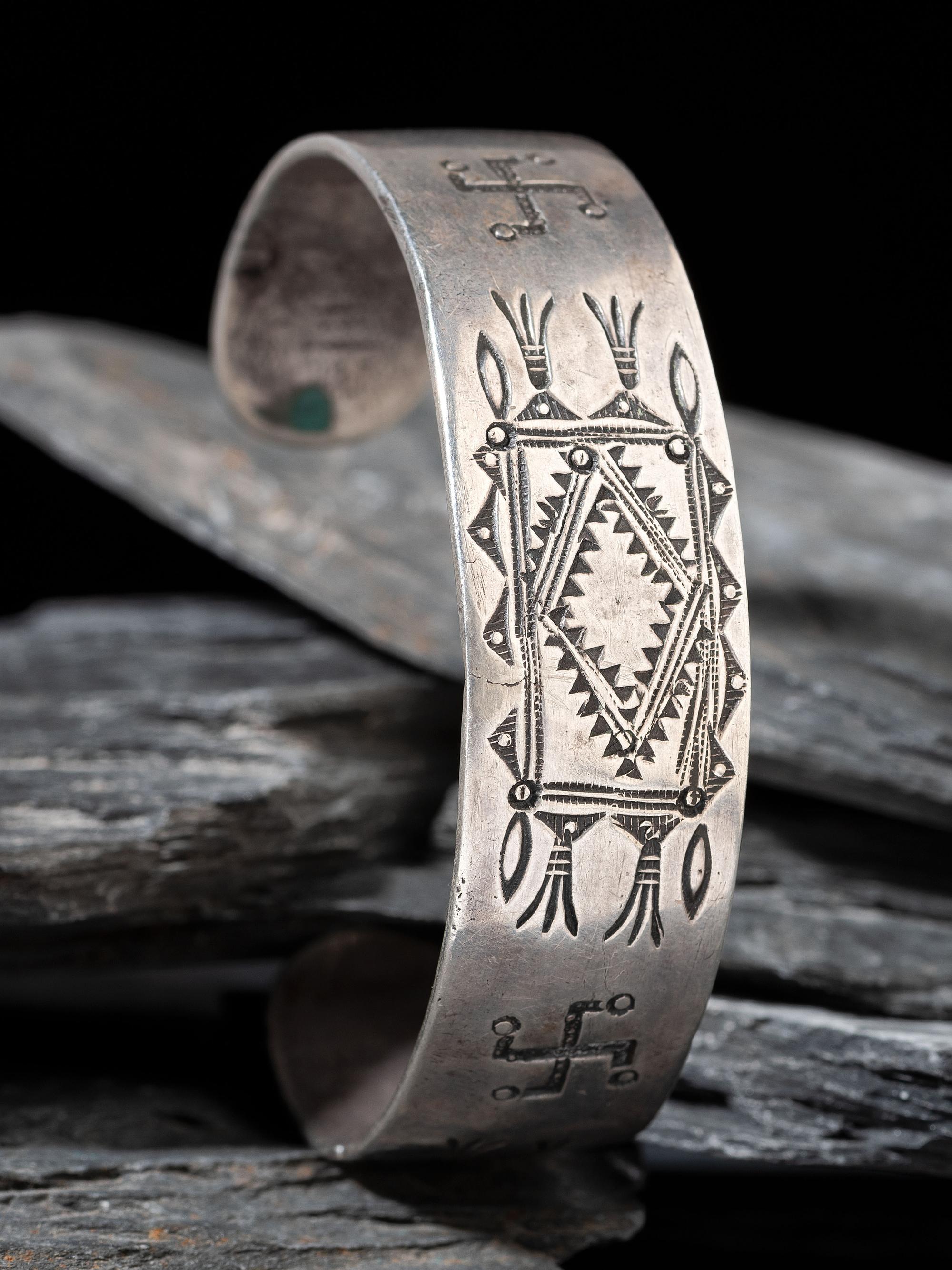 Navajo Stamped Ingot Cuff Bracelet. with Whirling Logs