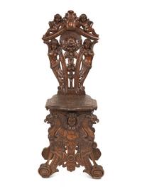 An Italian Renaissance Revival Carved Walnut Sgabello Hall Chair