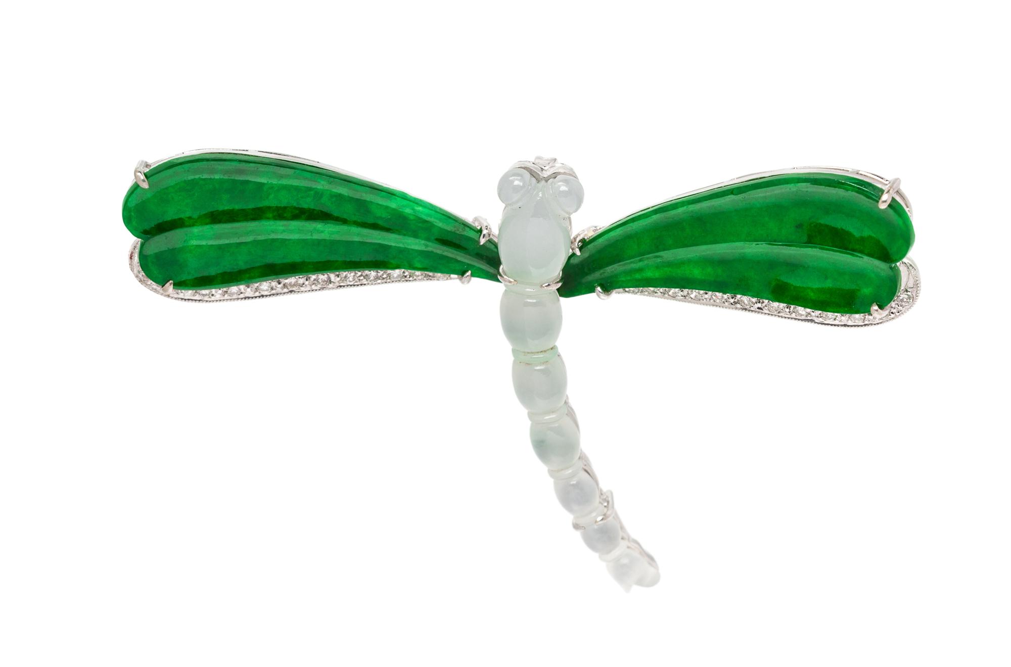 An 18 Karat White Gold, Jadeite and Diamond Dragonfly Pendant/Brooch, 9.00 dwts.
