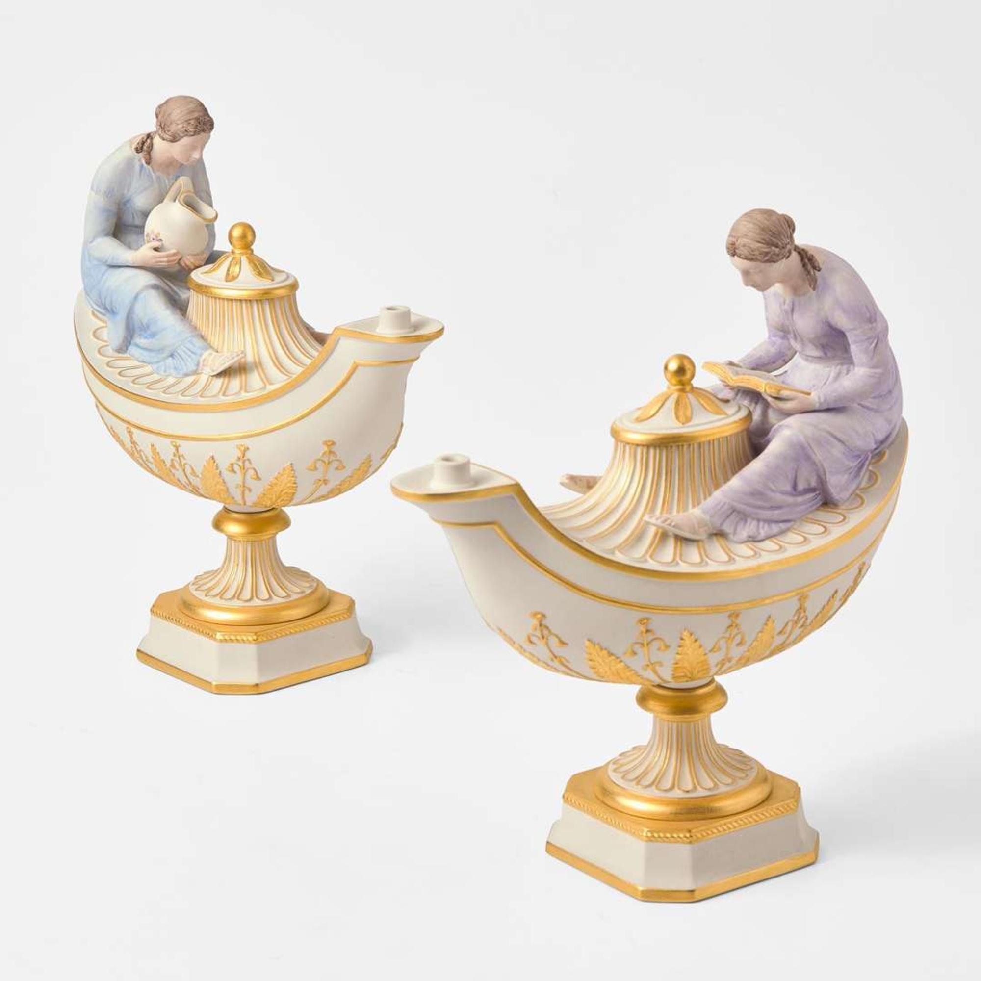 A Pair of Wedgwood White Jasperware Vestal Lamps UK, circa 2000