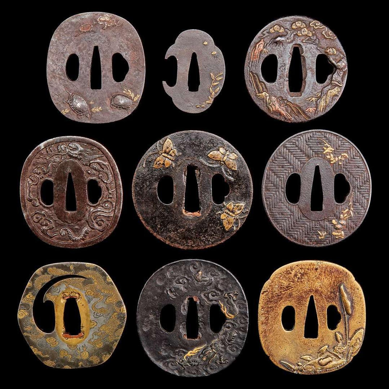 A group of nine assorted Japanese iron, brass, and soft metal tsuba 日本刀镡一组九件 Edo-Meiji period ?????