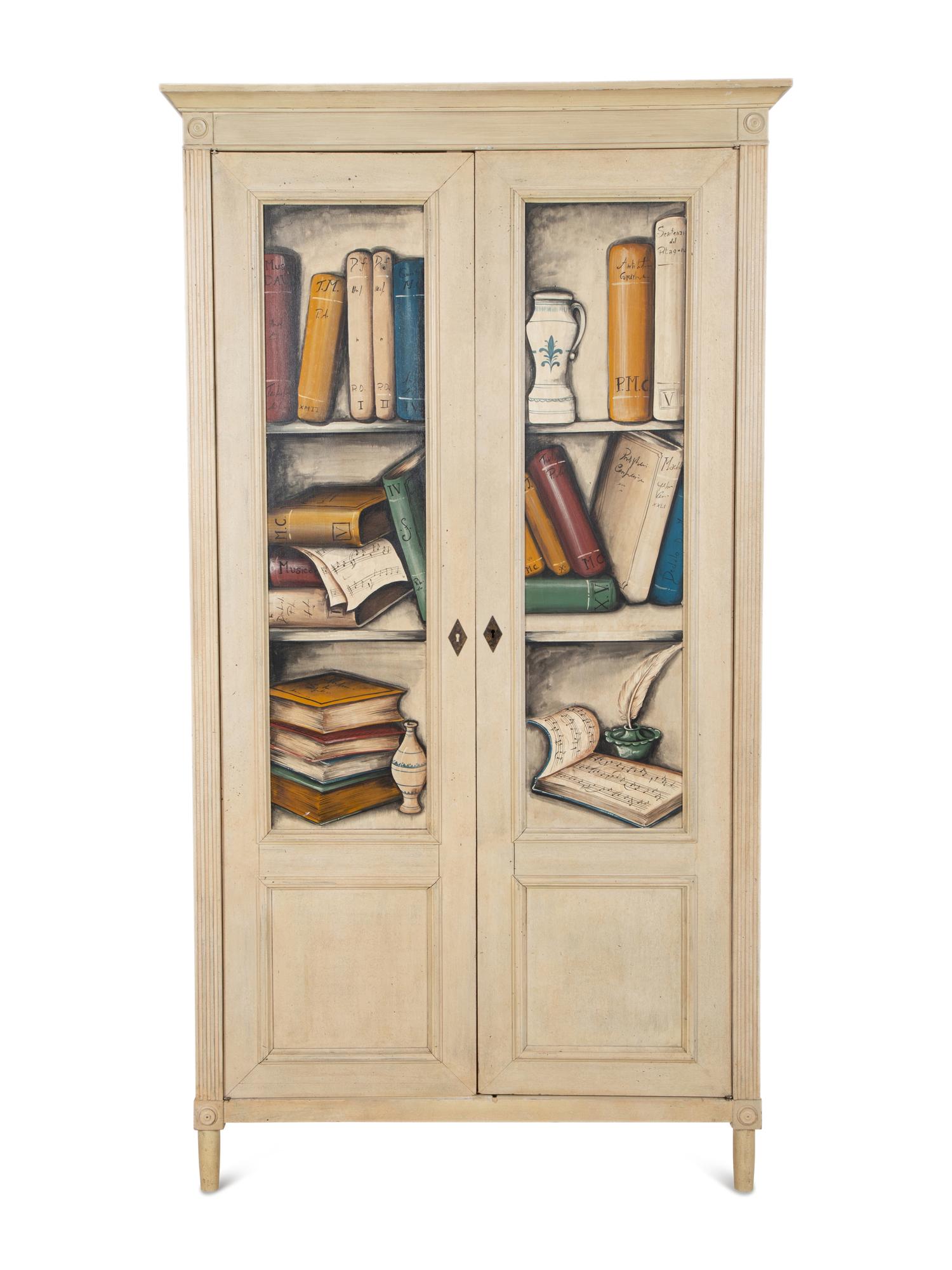 An Italian Painted Armoire with Book Decoration to the Doors