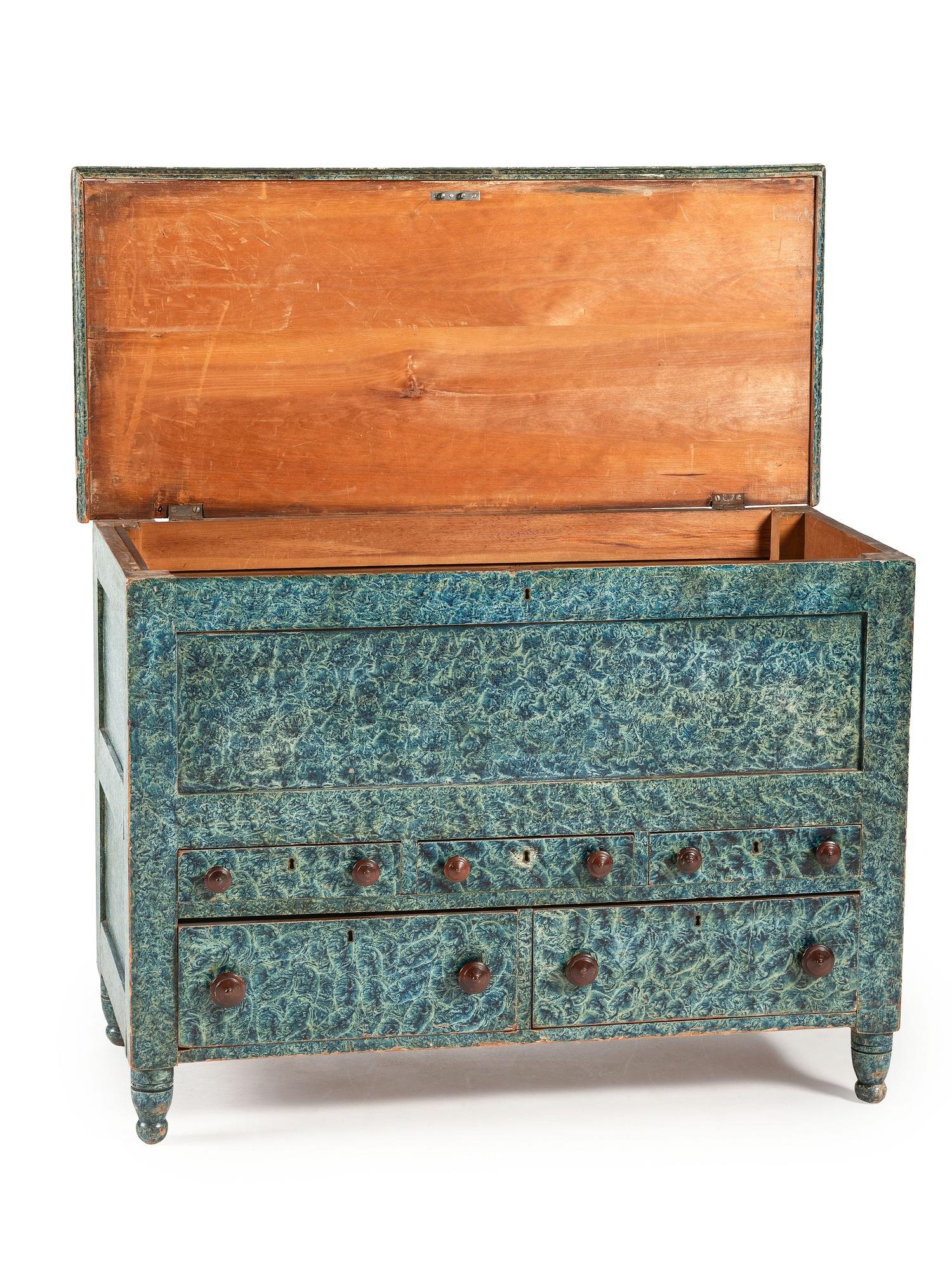 A Country Blue Sponge Paint-Decorated Pine and Poplar Five-Drawer Blanket Chest, 19th Century