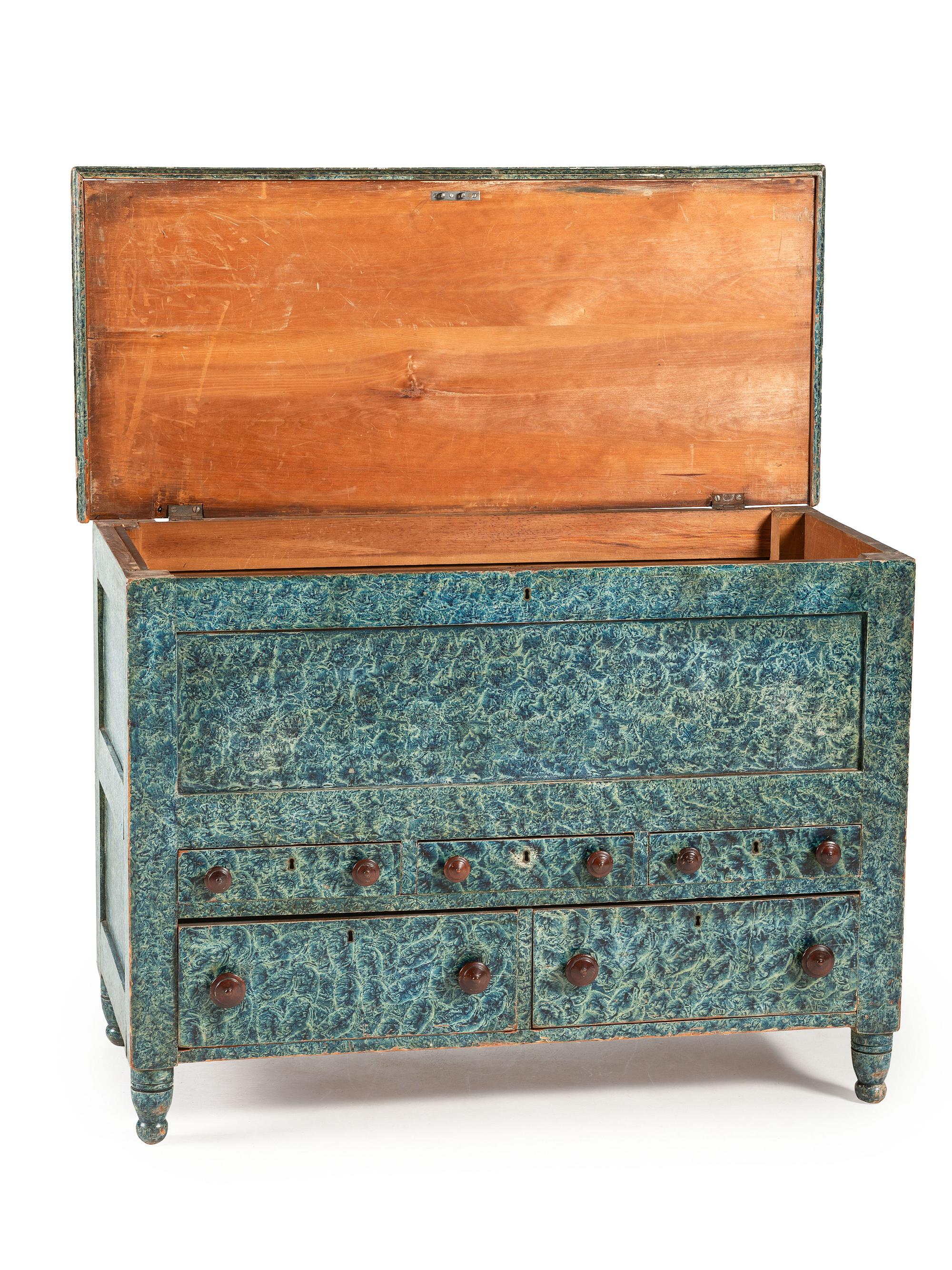 A Country Blue Sponge Paint-Decorated Pine and Poplar Five-Drawer Blanket Chest, 19th Century