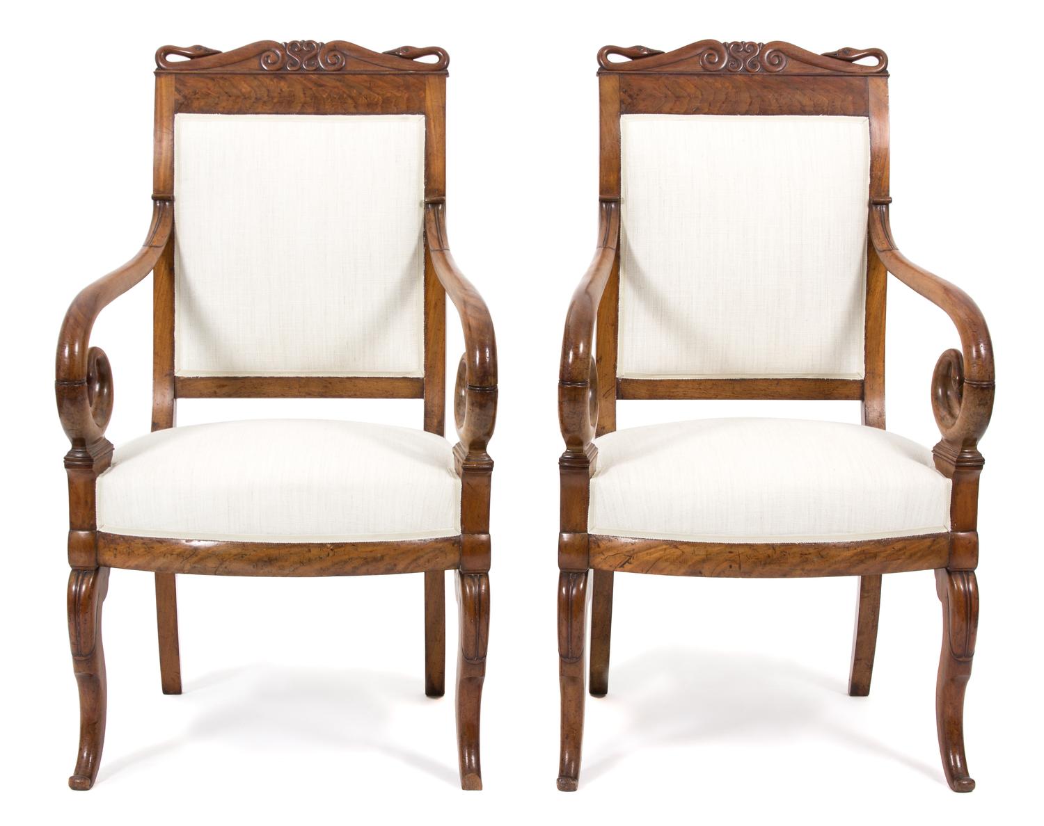A Pair of Louis Philippe Burl Walnut Swan Crested Armchairs Height 39 x width 23 x depth 18 1/2 inches. — 20TH CENTURY