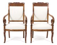 A Pair of Louis Philippe Burl Walnut Swan Crested Armchairs Height 39 x width 23 x depth 18 1/2 inches. — 20TH CENTURY