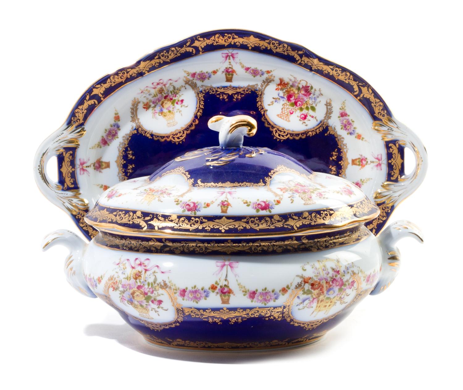 A Limoges Style Porcelain Tureen with Underplate Width over handles 17 3 /4 inches. — LATE 20TH CENTURY