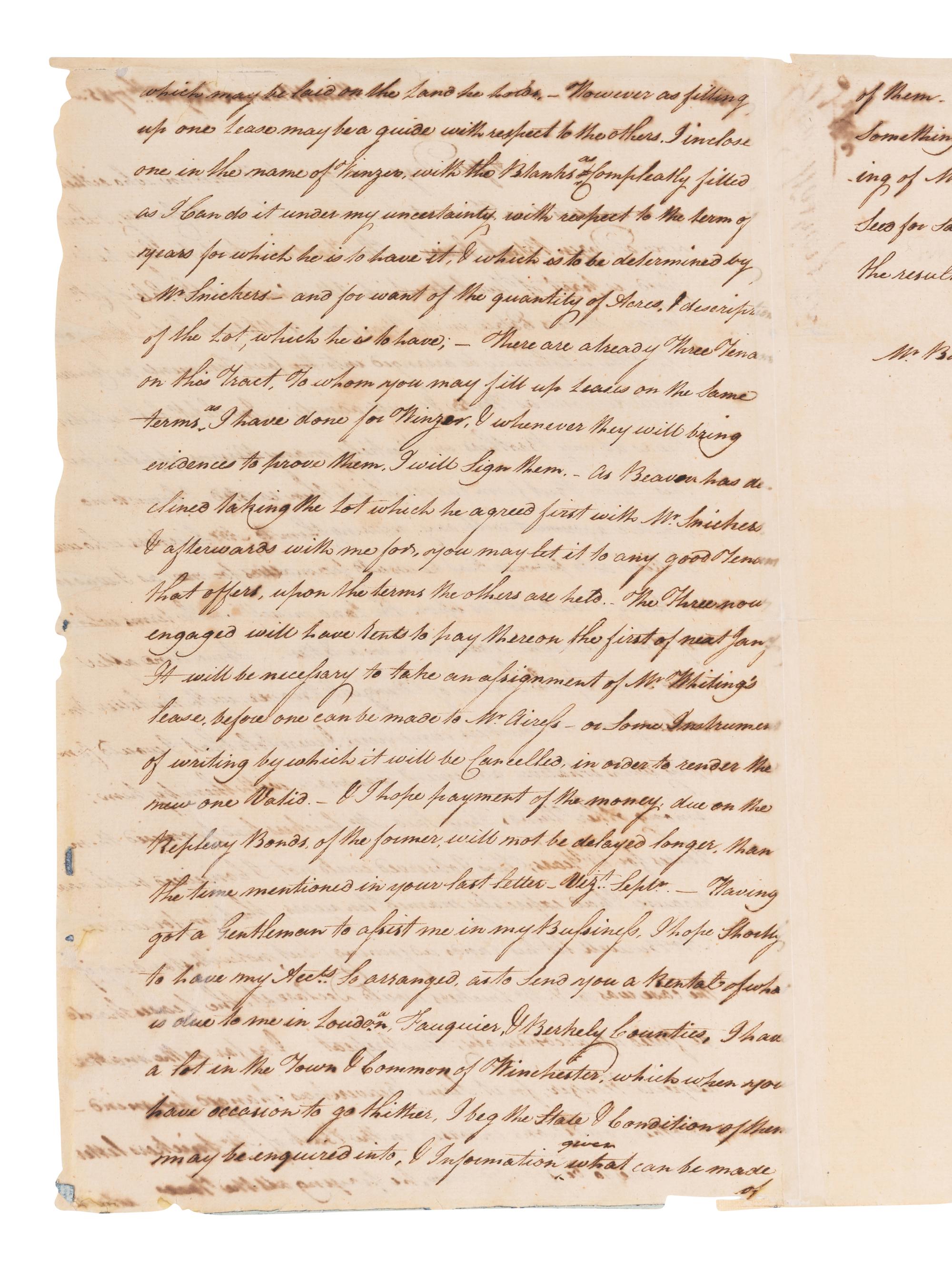 WASHINGTON, George (1732-1799). Letter signed ("G.Washington") to Battaile Muse. Mount Vernon, 28 July 1785.