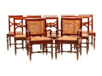 A Set of Ten Baltic Neoclassical Style Gilt Bronze Mounted Mahogany Dining Chairs