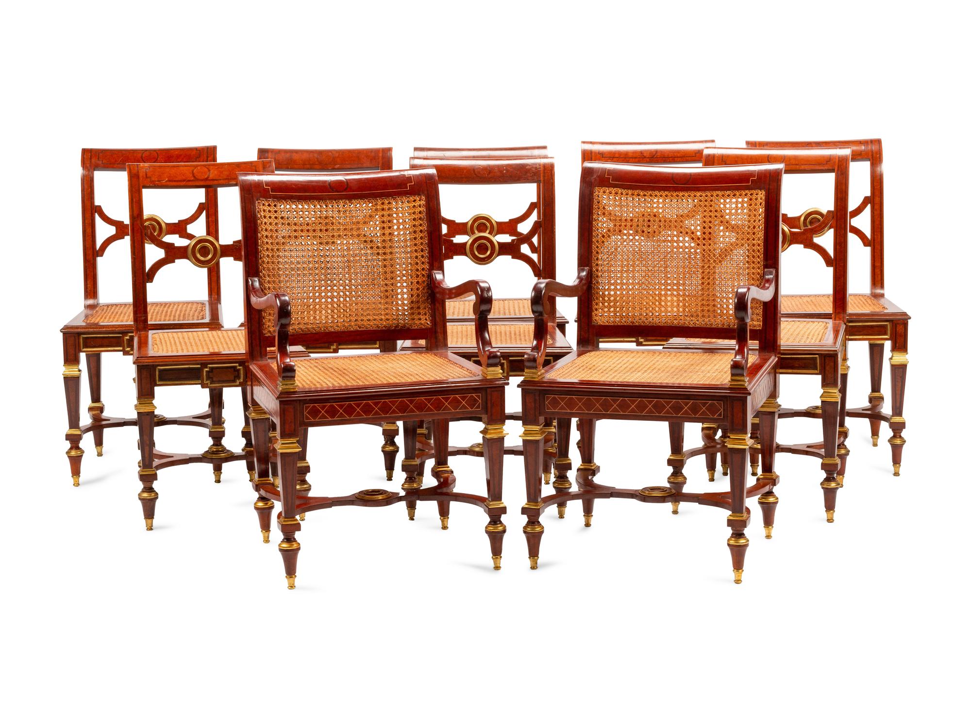 A Set of Ten Baltic Neoclassical Style Gilt Bronze Mounted Mahogany Dining Chairs