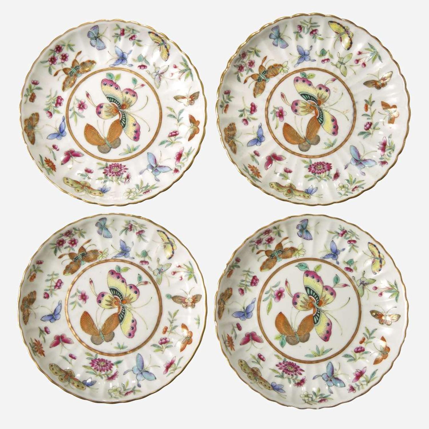 Four Chinese famille rose-decorated "Butterfly" saucers 粉彩蝴蝶盤 Guangxu marks and probably of the period (Minyao) ??? ? ???(??)