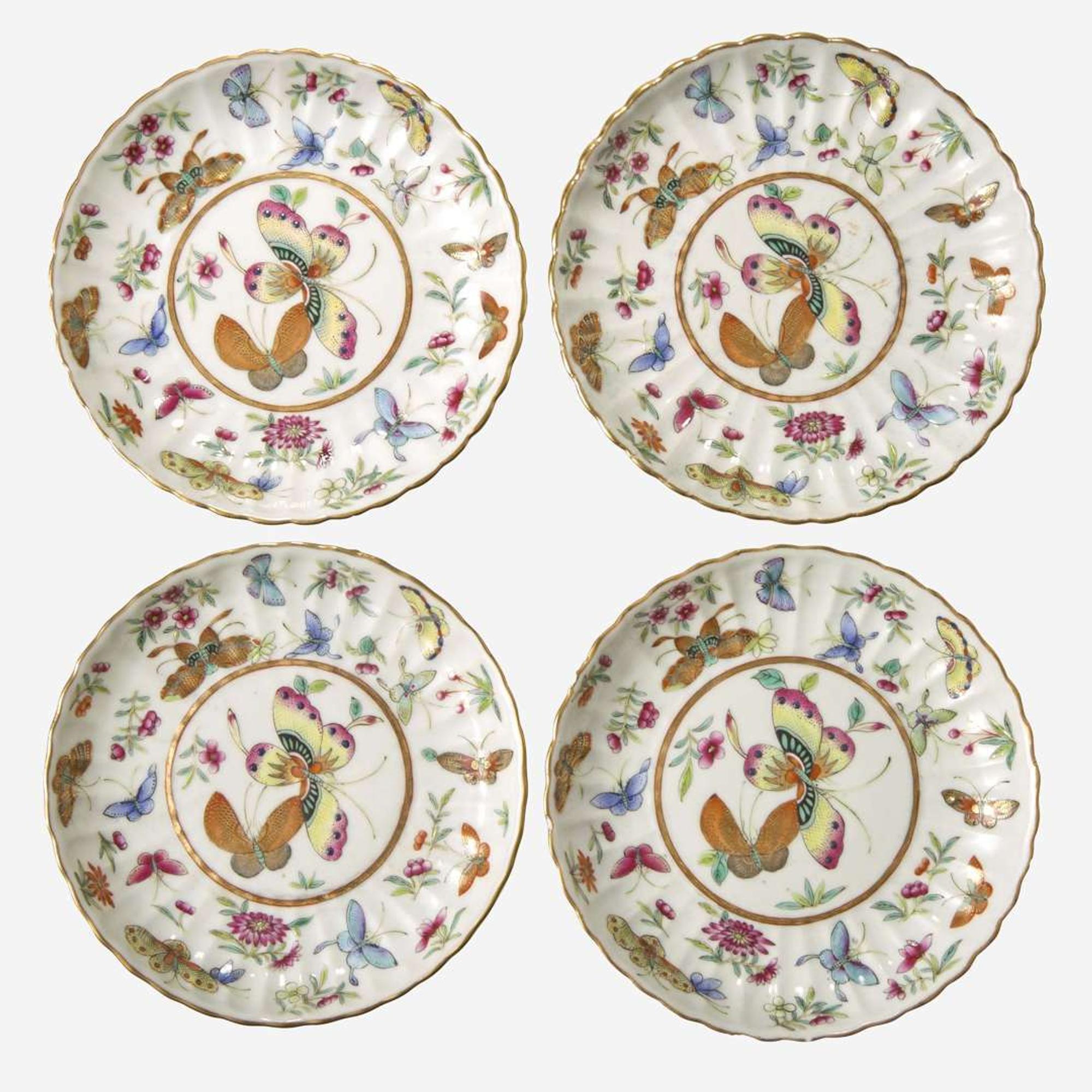 Four Chinese famille rose-decorated "Butterfly" saucers 粉彩蝴蝶盤 Guangxu marks and probably of the period (Minyao) ??? ? ???(??)