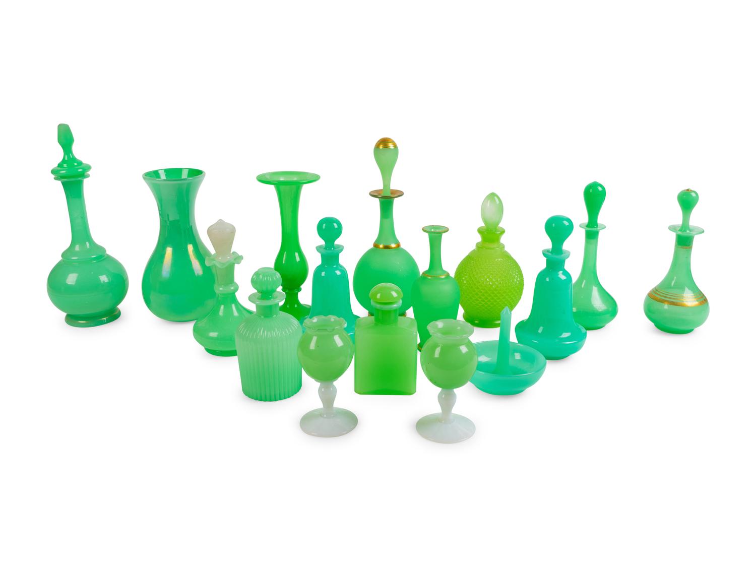 A Collection of Sixteen Green Opaline Glass Items — 19TH CENTURY