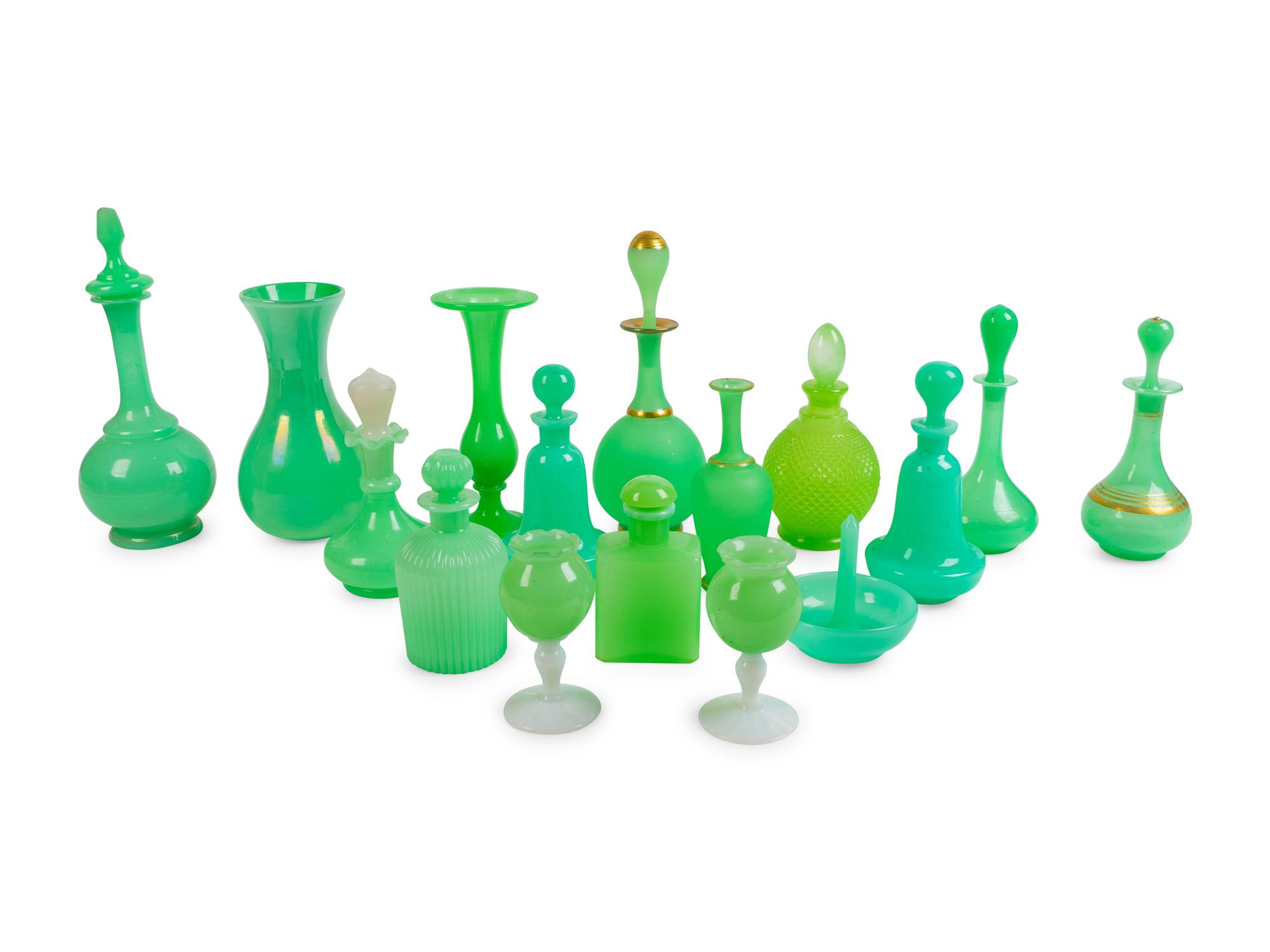 A Collection of Sixteen Green Opaline Glass Items — 19TH CENTURY
