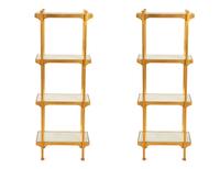 A Pair of Mid-Century Gilt Metal Etageres with Parcel Gilt Decorated Glass Shelves — Mid-20th Century