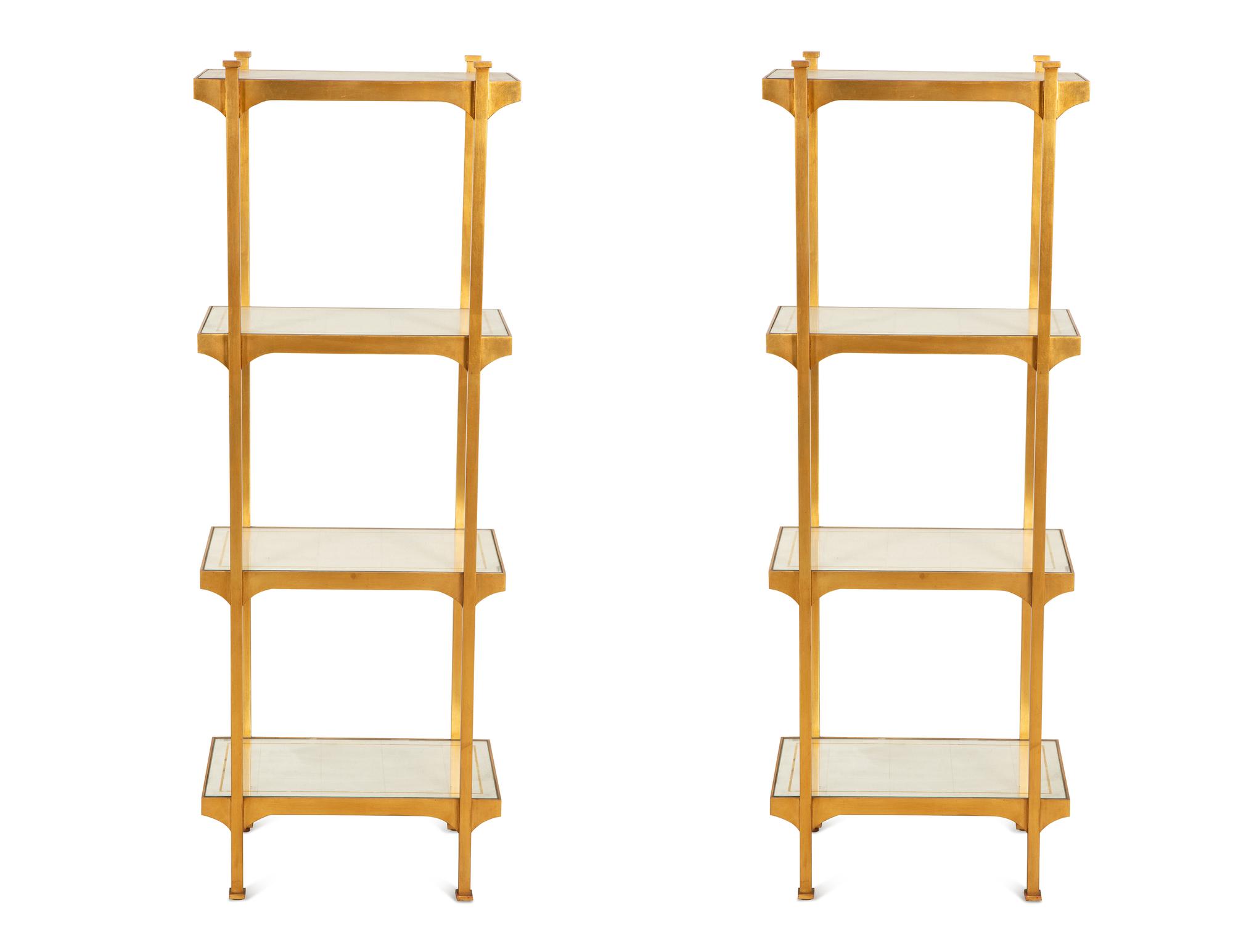 A Pair of Mid-Century Gilt Metal Etageres with Parcel Gilt Decorated Glass Shelves — Mid-20th Century