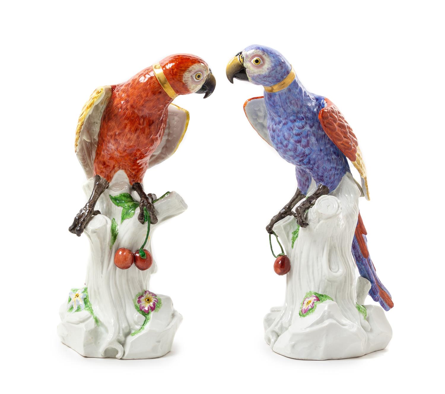 A Pair of French Porcelain Parrots Height of taller 16 1/4 inches. — EDME SAMSON, LATE 19TH CENTURY