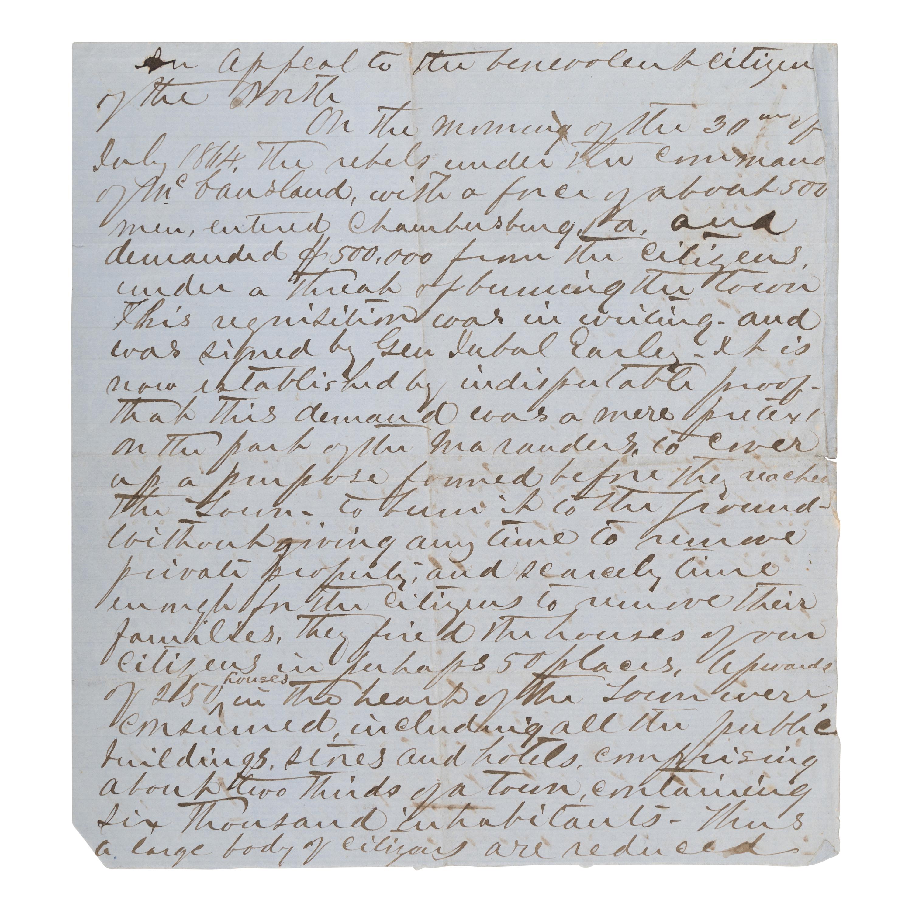 [Civil War - Gettysburg]. -- [Warner, John Riddle (1827-1894)]. A pair of manuscript documents, each entitled "An Appeal to the Benevolent Citizens of the North," [Gettysburg, PA, 30 July 1864].