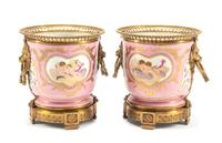 A Pair of Gilt Bronze Mounted Sevres Style Porcelain Cache Pots Height 11 inches.