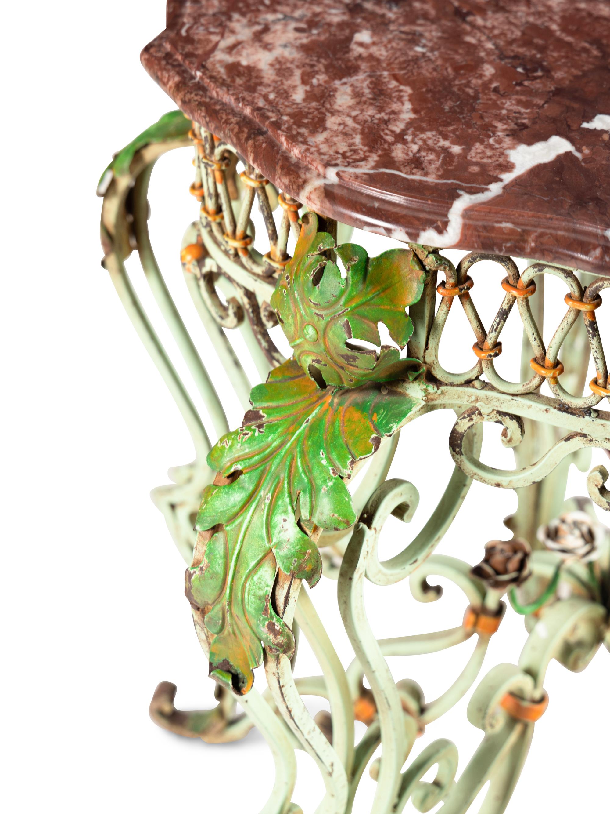 A Painted and Parcel Gilt Wrought Iron Marble-Top Table