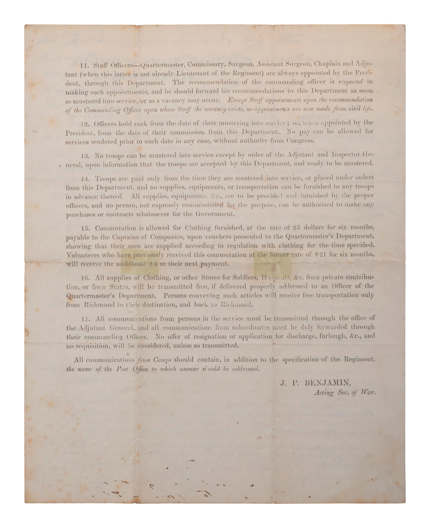 [CIVIL WAR]. BENJAMIN, Judah Philip (1811-1884). Autograph note signed ("J. P. Benjamin"), as Acting Confederate States Secretary of War, to Hon. J. L. M. CURRY. Richmond, 21 November 1861.