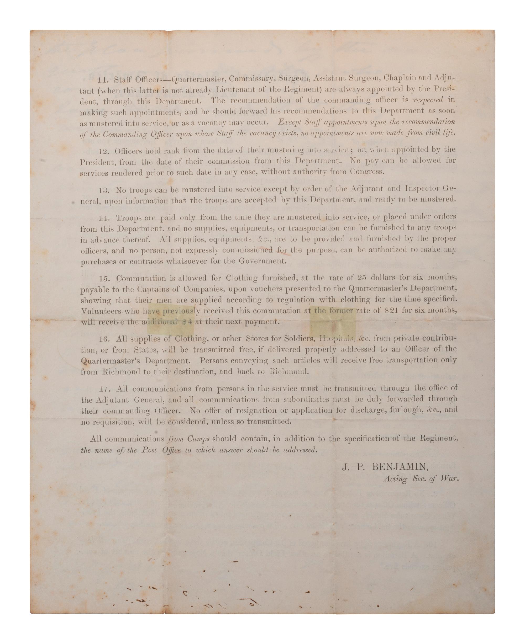 [CIVIL WAR]. BENJAMIN, Judah Philip (1811-1884). Autograph note signed ("J. P. Benjamin"), as Acting Confederate States Secretary of War, to Hon. J. L. M. CURRY. Richmond, 21 November 1861.