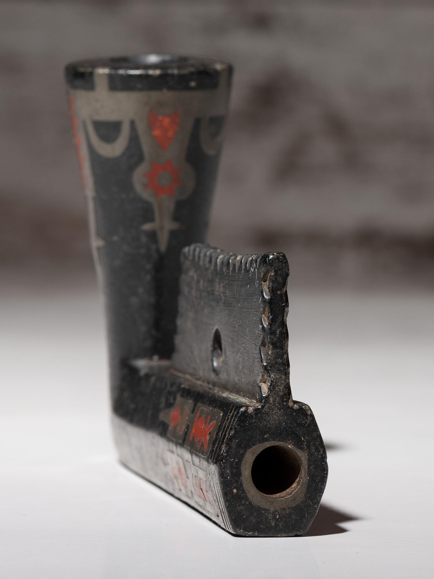 Western Great Lakes Steatite Pipe Bowl, with Lead and Catlinite Inlay