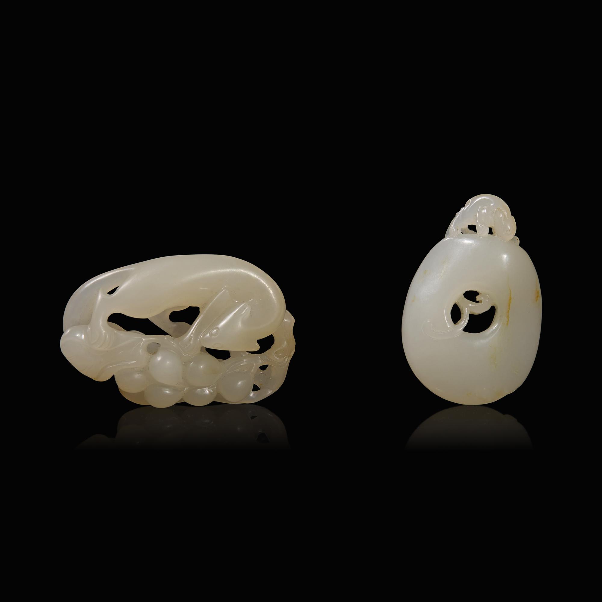 Two Chinese White Jade Toggles 18th/Early 19th Century 清中期 白玉松鼠葡萄及龍佩