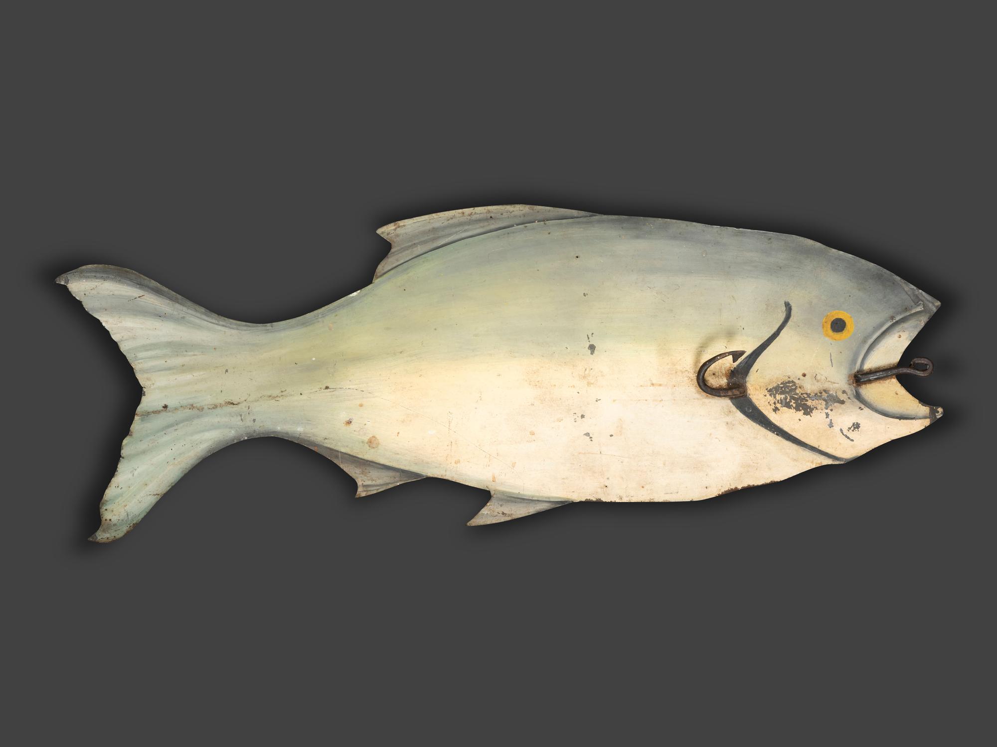 A Painted Sheet Tin Fish-Form Bait and Tackle Store Sign