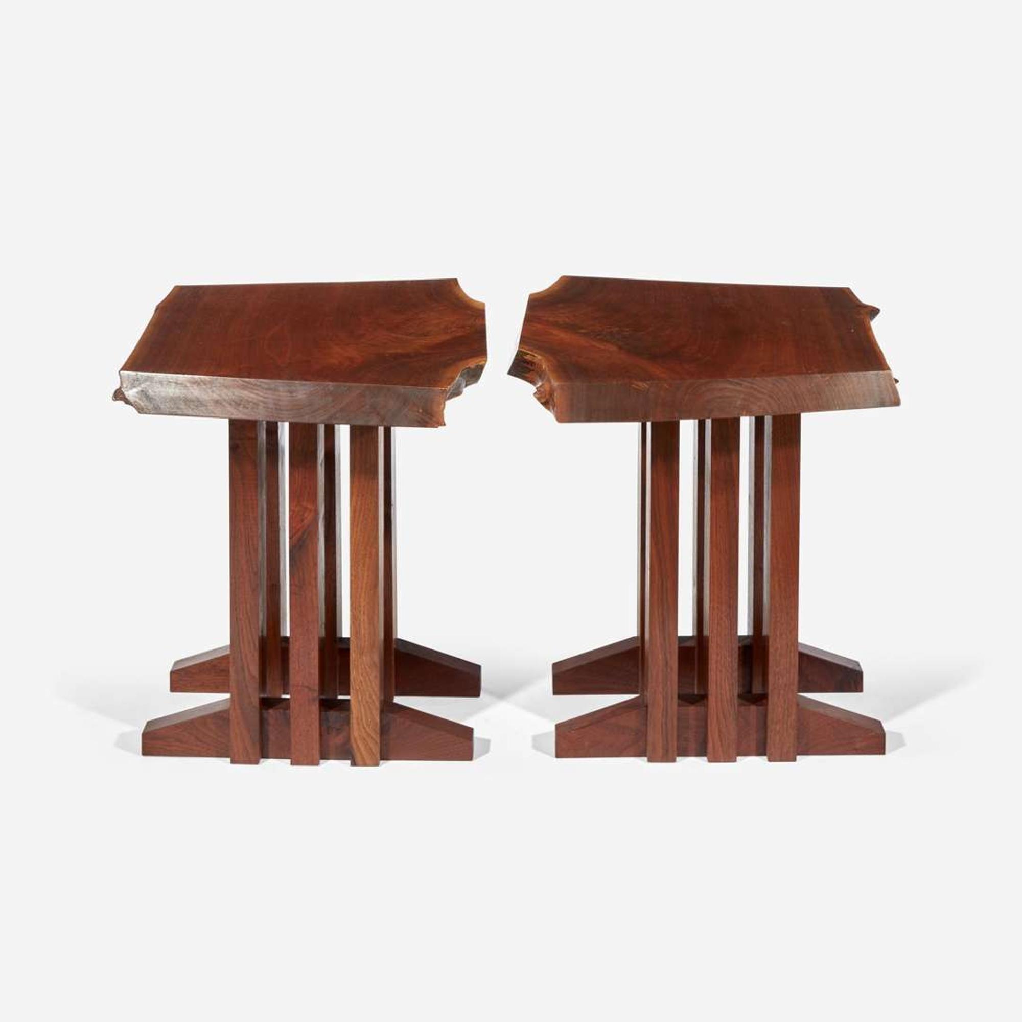 Jeffrey Greene (American, 21st century) Pair of Live-Edge End Tables With Three-Column Bases, Doylestown, PA, 21st century