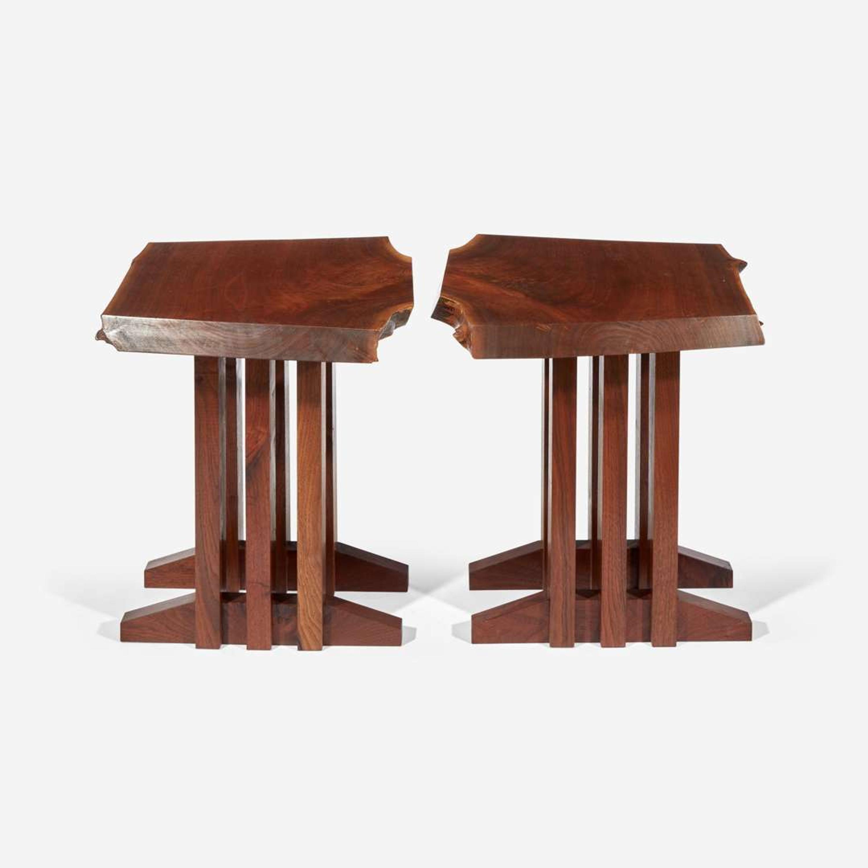 Jeffrey Greene (American, 21st century) Pair of Live-Edge End Tables With Three-Column Bases, Doylestown, PA, 21st century