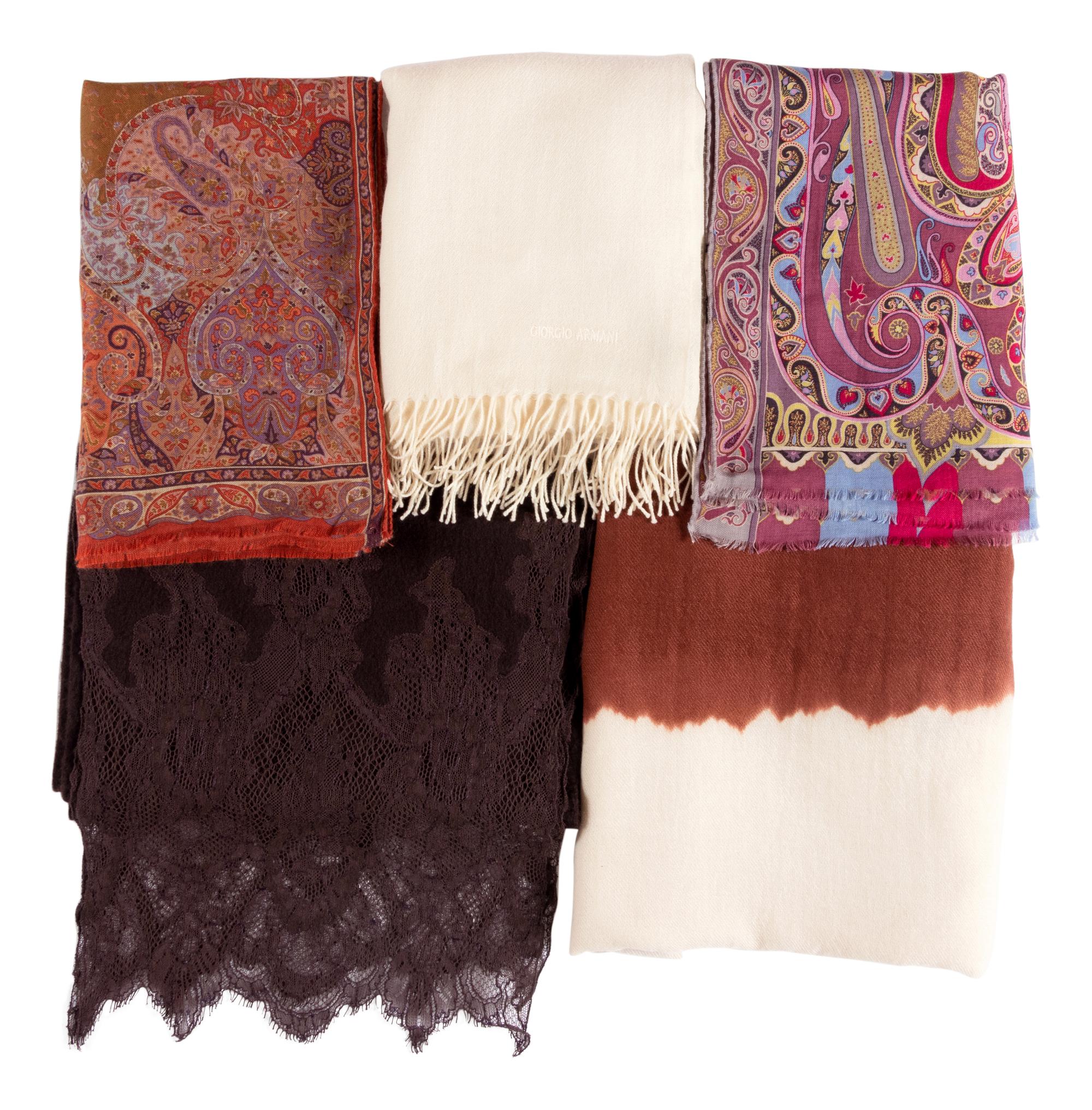 Five Designer Scarves: One Giorgio Armani, One Oscar de la Renta, One Valentino, Two Etro