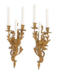 A Pair of Louis XV Style Gilt Bronze Three-Light Sconces