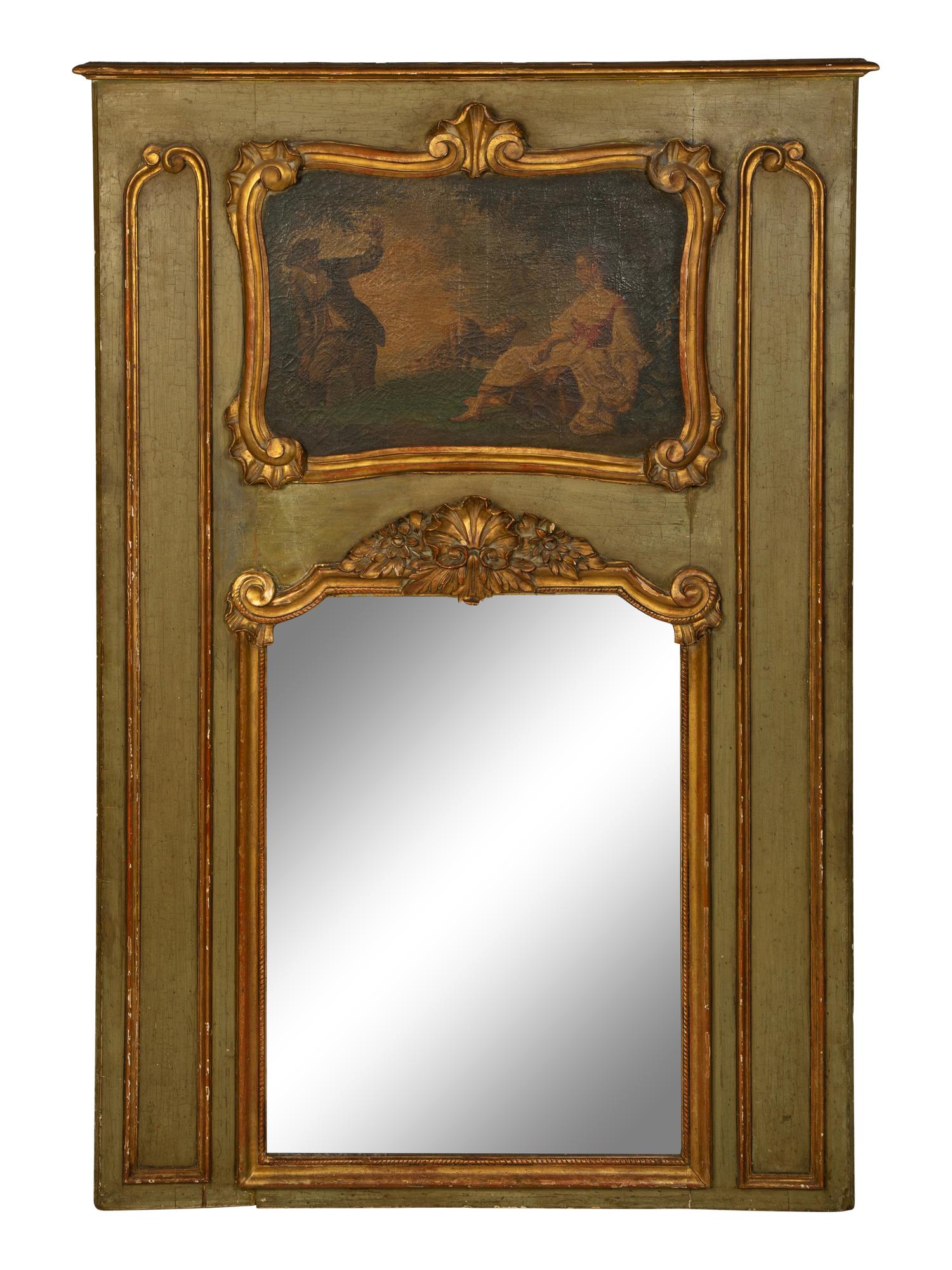 A Louis XVI Style Painted and Parcel Gilt Trumeau Mirror