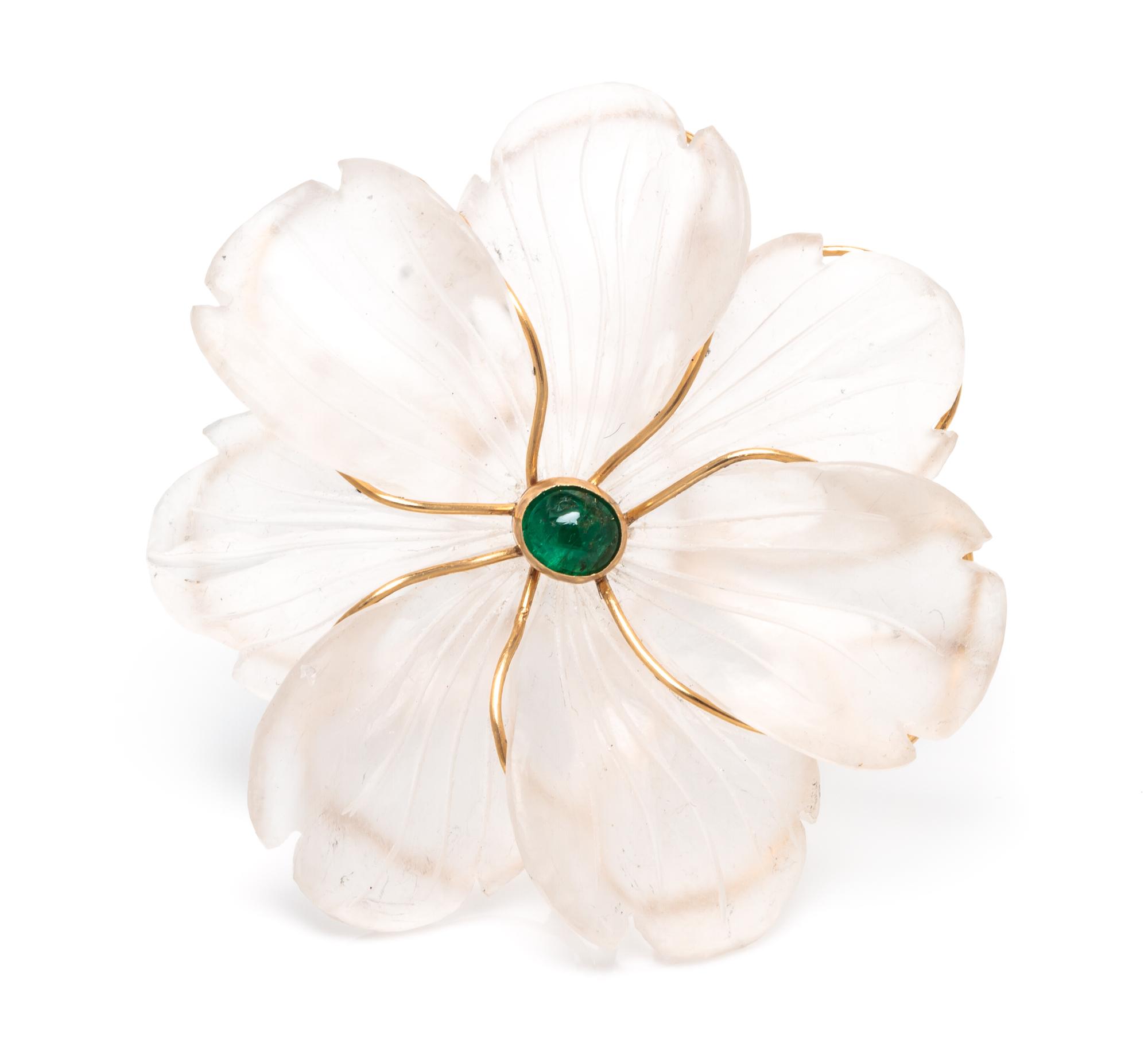 A Rock Crystal, Yellow Gold, and Emerald Brooch 28.70 dwts.