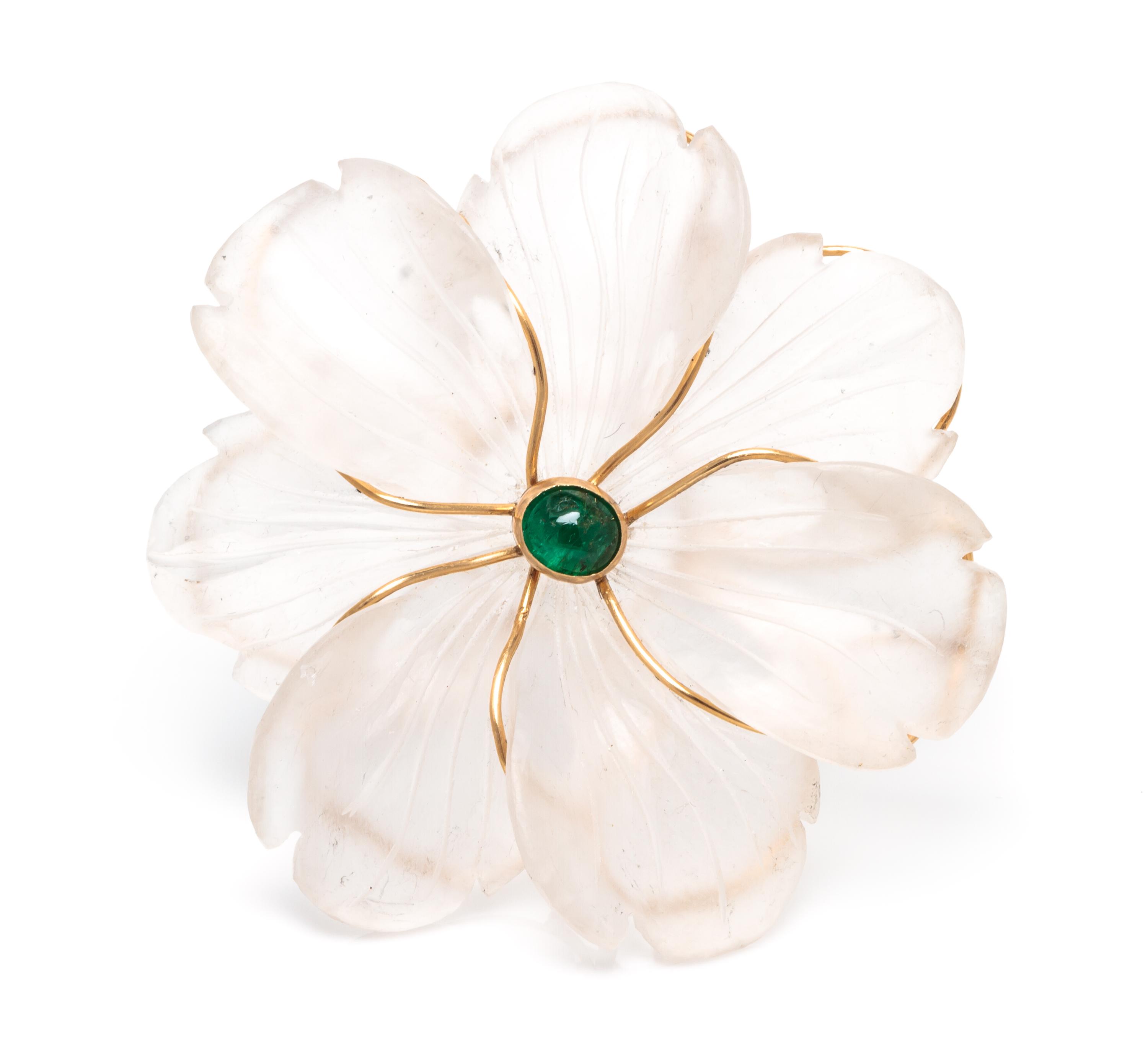 A Rock Crystal, Yellow Gold, and Emerald Brooch 28.70 dwts.